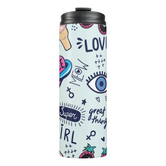 Mode patchbadges. Naadloos patroon met roze g Thermosbeker (Voorkant)