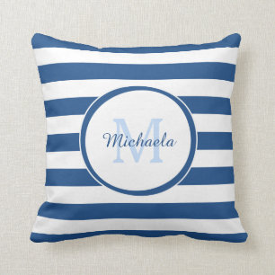 Mode Snoep Stripes Monogram en Naam in Blauw Kussen