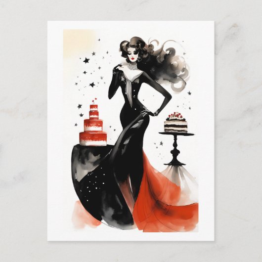 Mode viering. Mooie vrouw met cake Briefkaart (Voorkant)