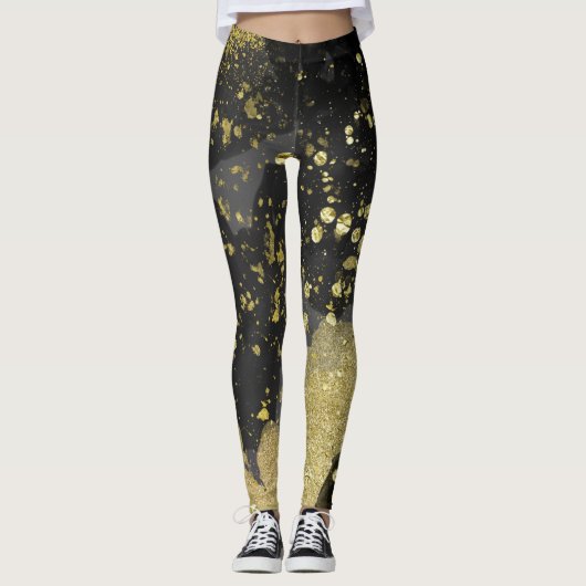 Mode voor zwarte en goudglitter Glam Grunge Splatt Leggings (Voorkant)