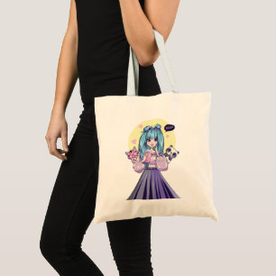 Modekoningin: Blauwharig Meisje met Panda en Kat Tote Bag