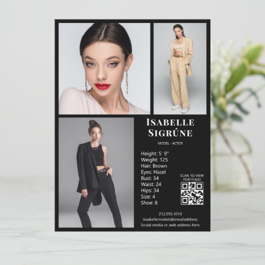 Model Actor 3 Photo Comp Kaart Sjabloon Zwart QR (Staand voorkant)