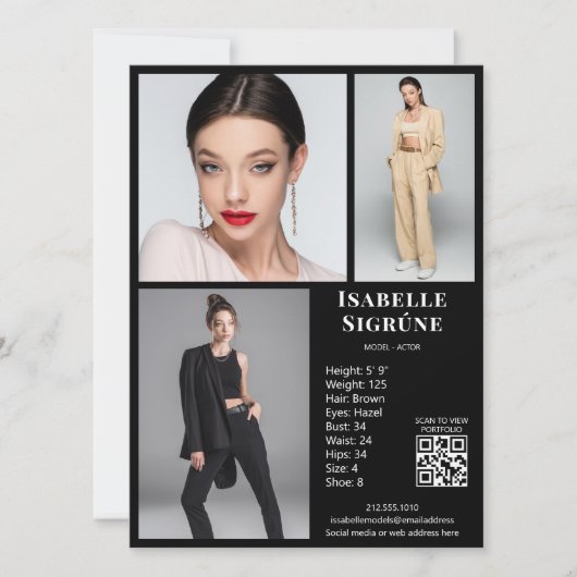 Model Actor 3 Photo Comp Kaart Sjabloon Zwart QR (Voorkant)