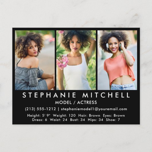Model Actor Comp Card Blk Briefkaart - 3 foto's (Voorkant)