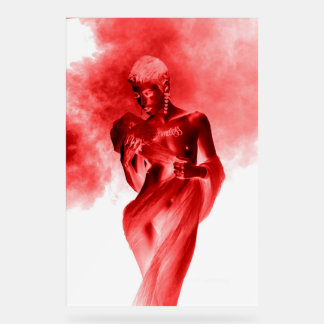 Model posing with red fabric and smoke in monochro