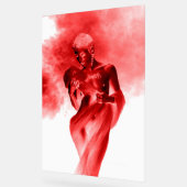 Model posing with red fabric and smoke in monochro (Angle)