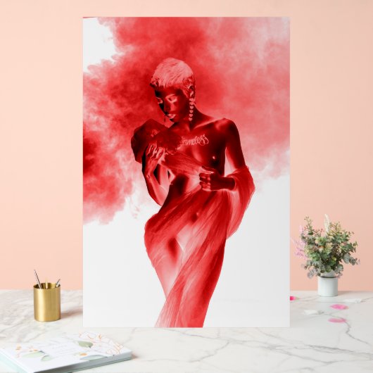 Model posing with red fabric and smoke in monochro (Mariage)