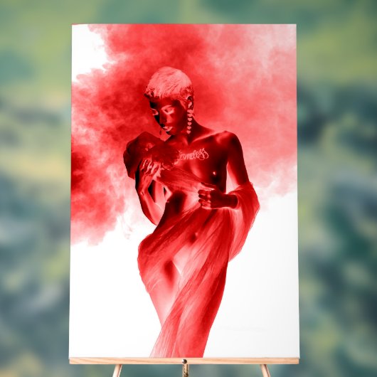 Model posing with red fabric and smoke in monochro (Neutre)