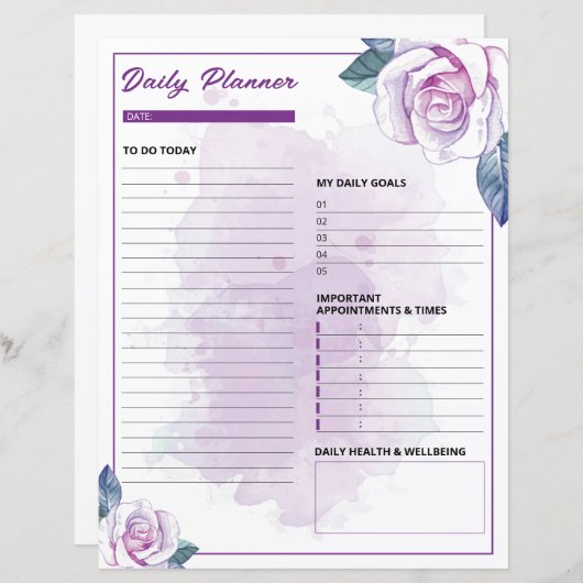 Modèle d'aquarelle Floral Daily Planner (Devant / Derrière)