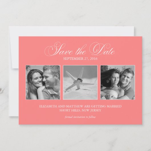 Modèle de 3 photos rose corail Enregistrer la date (Devant)