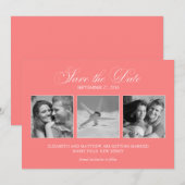 Modèle de 3 photos rose corail Enregistrez la date (Devant / Derrière)