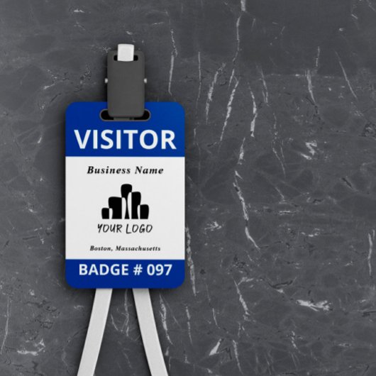 Modèle de badge de logo de visiteur blanc bleu pro
