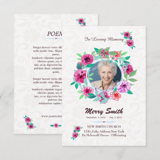 Modèle de carte de prière funéraire florale (Devant / Derrière)