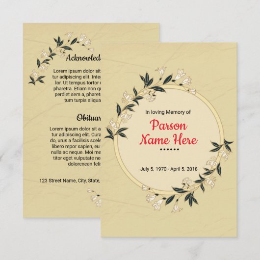 Modèle de carte de programme funéraire (Devant / Derrière)