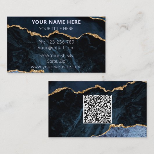 Modèle de carte de visite bleu marine avec code QR (Devant / Derrière)