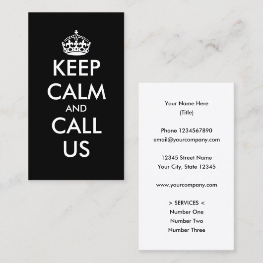 Modèle de carte de visite 'Keep Calm And Call Us' (Devant / Derrière)