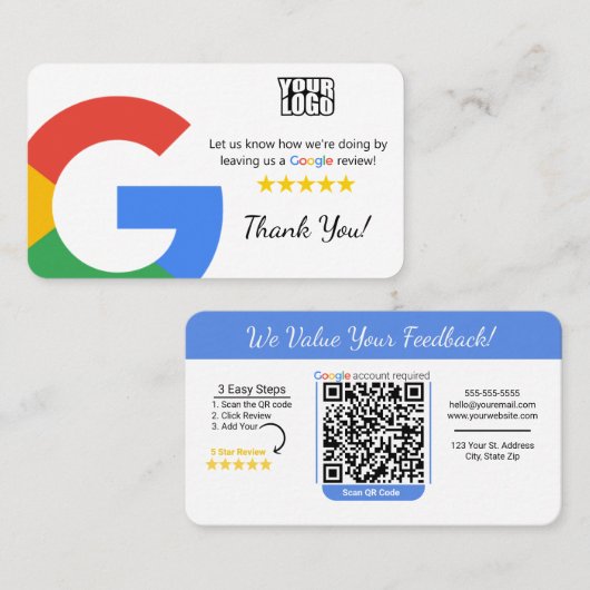 Modèle de carte Google Review avec lien de code QR (Devant / Derrière)