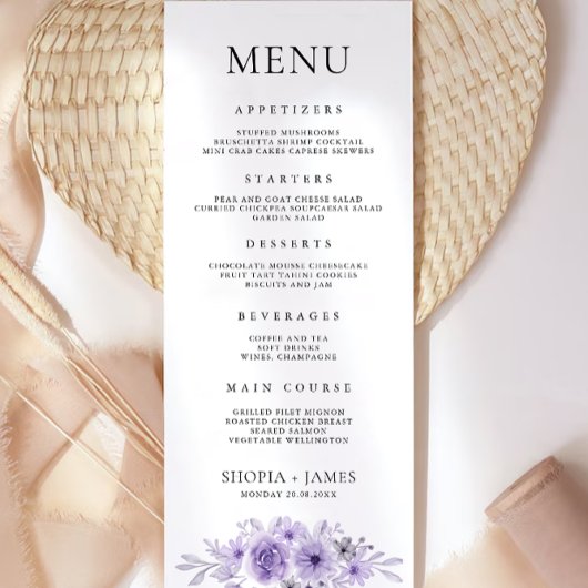Modèle de cartes de menu Mariage violet