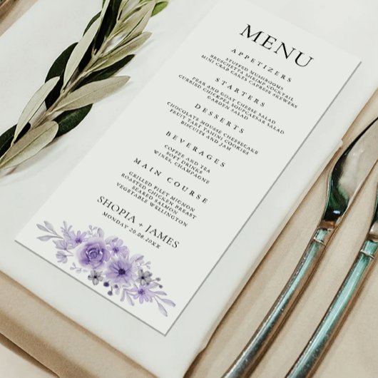 Modèle de cartes de menu Mariage violet