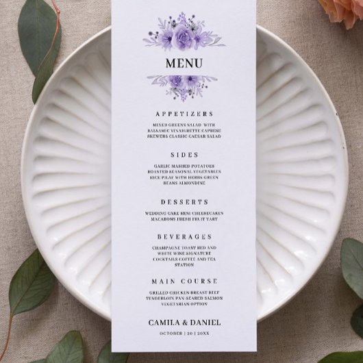 Modèle de cartes de menu Mariage violet