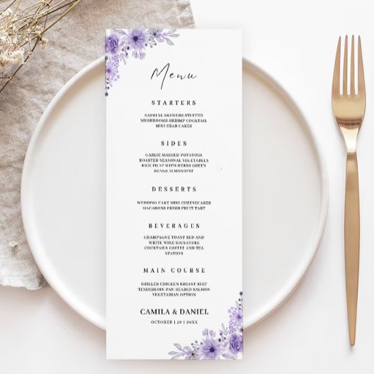 Modèle de cartes de menu Mariage violet