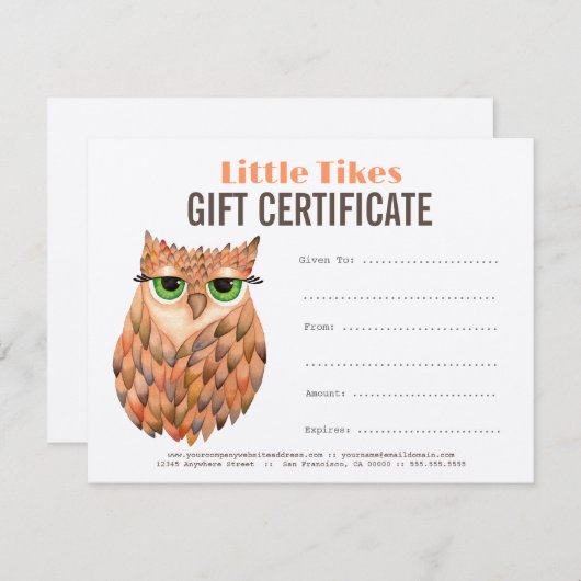Modèle de certificat cadeau d'entreprise Owl Fashi (Devant / Derrière)