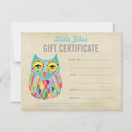 Modèle de certificat cadeau d'entreprise Owl Fashi (Devant)
