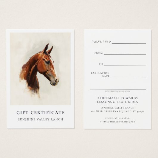 Modèle de certificat cadeau pour leçons d'équitati (Devant & derrière)