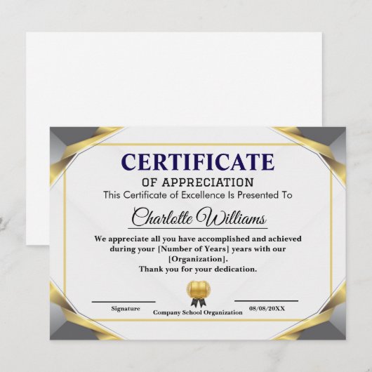 Modèle de certificat d'appréciation élégant (Devant / Derrière)