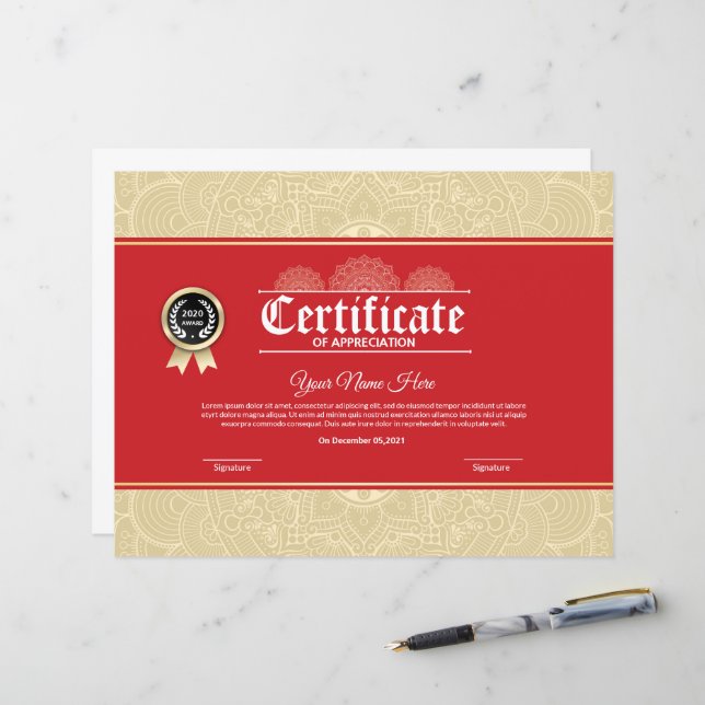 Modèle de certificat d'appréciation élégant (Devant/Arrière en situation)