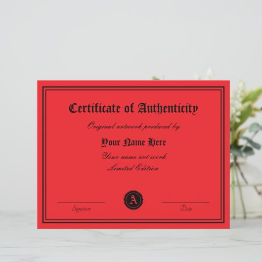 Modèle de certificat d'authenticité pour l'art (Debout devant)