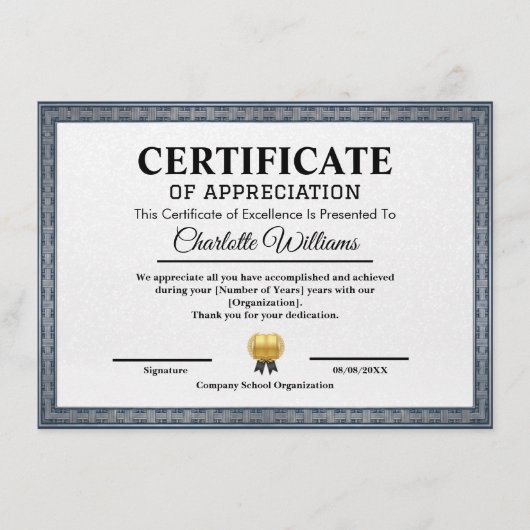 Modèle de Certificat Professionnel de Remerciement (Devant)