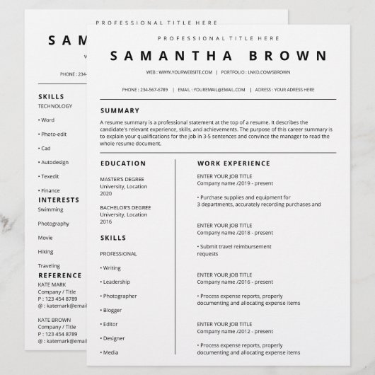 Modèle de CV simple moderne (Devant / Derrière)