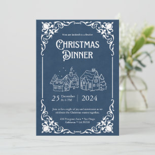 Modèle de dîner de Noël bleu et blanc vintage