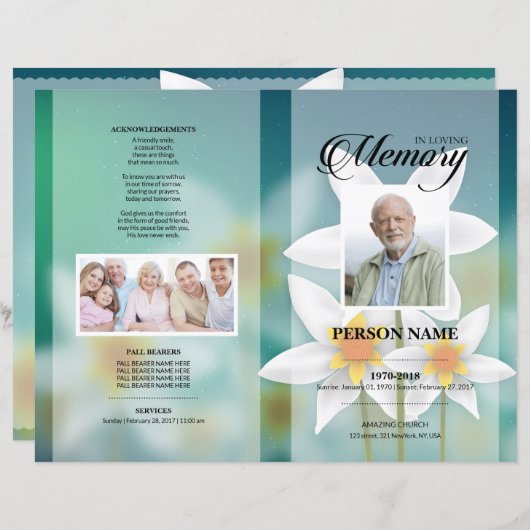 Modèle de faire-part de décès Fleur de Soleil (Devant / Derrière)