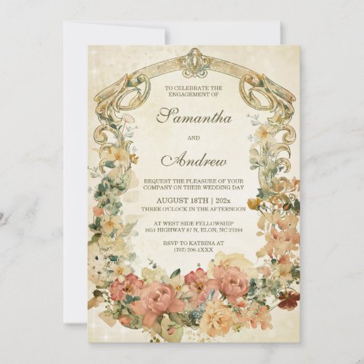 Modèle de faire-part de fête de fiançailles aux fl (Devant)