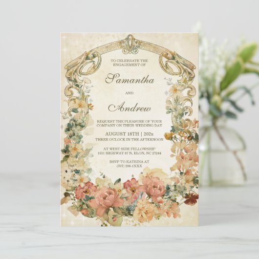 Modèle de faire-part de fête de fiançailles aux fl (Debout devant)