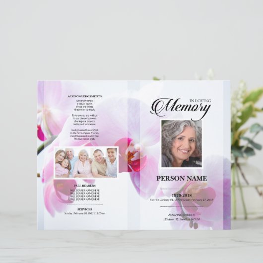 Modèle de faire-part de funérailles à fleurs roses (Debout devant)