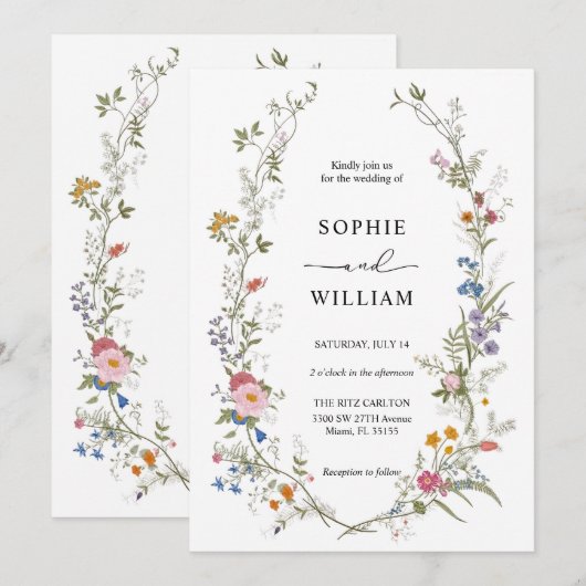 Modèle de faire-part de mariage à fleurs sauvages, (Devant / Derrière)