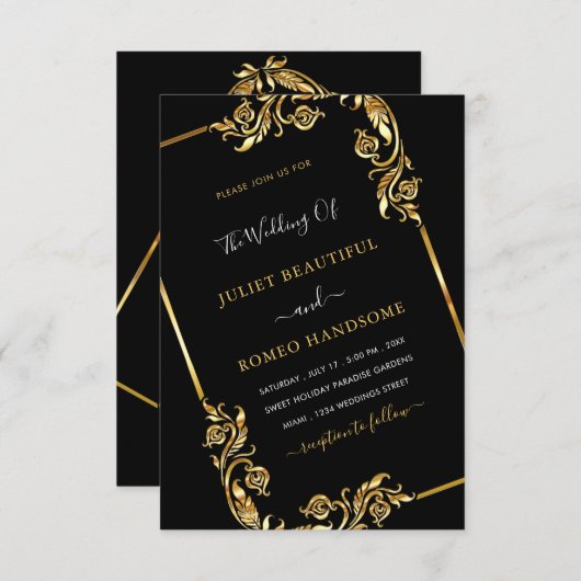 Modèle de Faire-part de mariage d'or noir QR Code (Devant / Derrière)