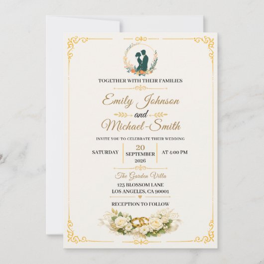 Modèle de faire-part de mariage élégant en or (Devant)