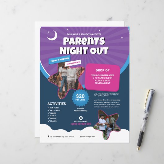 Modèle de flyer pour la soirée des parents (Devant/Arrière en situation)