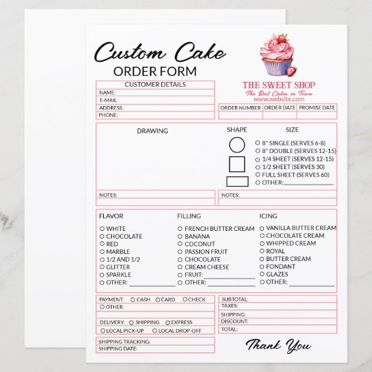 Modèle de formulaire de commande de gâteau rose mo (Devant / Derrière)