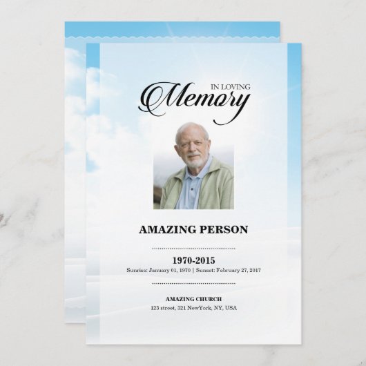 Modèle de la carte de prière funéraire Blue Sky (Devant / Derrière)