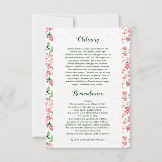 Modèle de la carte du programme funéraire floral (Dos)