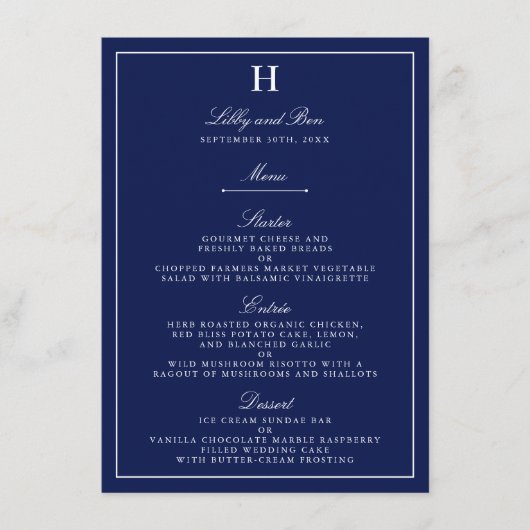 Modèle de menu Chic Navy & White Mariage (Devant)