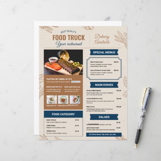 Modèle de menu de camion-restaurant (Devant/Arrière en situation)