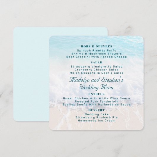 Modèle de menu de mariage avec fond de plage carré (Devant / Derrière)