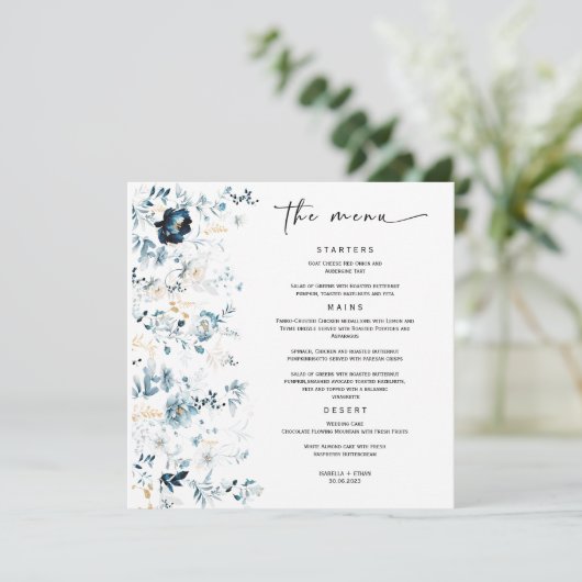 Modèle de menu de mariage bleu marine et or (Debout devant)
