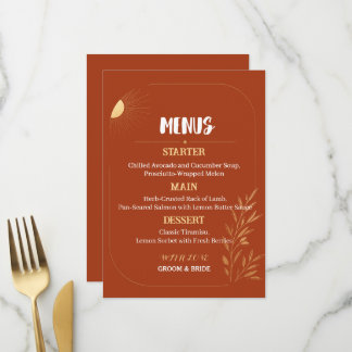 Modèle de menu de mariage bohème en terre cuite
